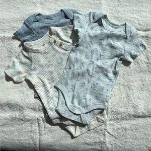 Soft Ribbed Baby One-Piece Bodysuit Set - Blue & Cream (set of 3)